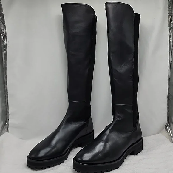 STUART WEITZMAN KNEE HIGH LUG 5050 LEATHER LIFT BLACK AWESOME BOOT LADIES 10 NEW - Picture 1 of 16